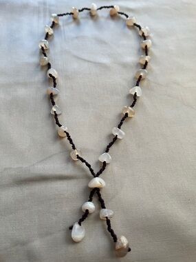 Lariat Necklace with Creamy White Agate Beads on Dark Cord